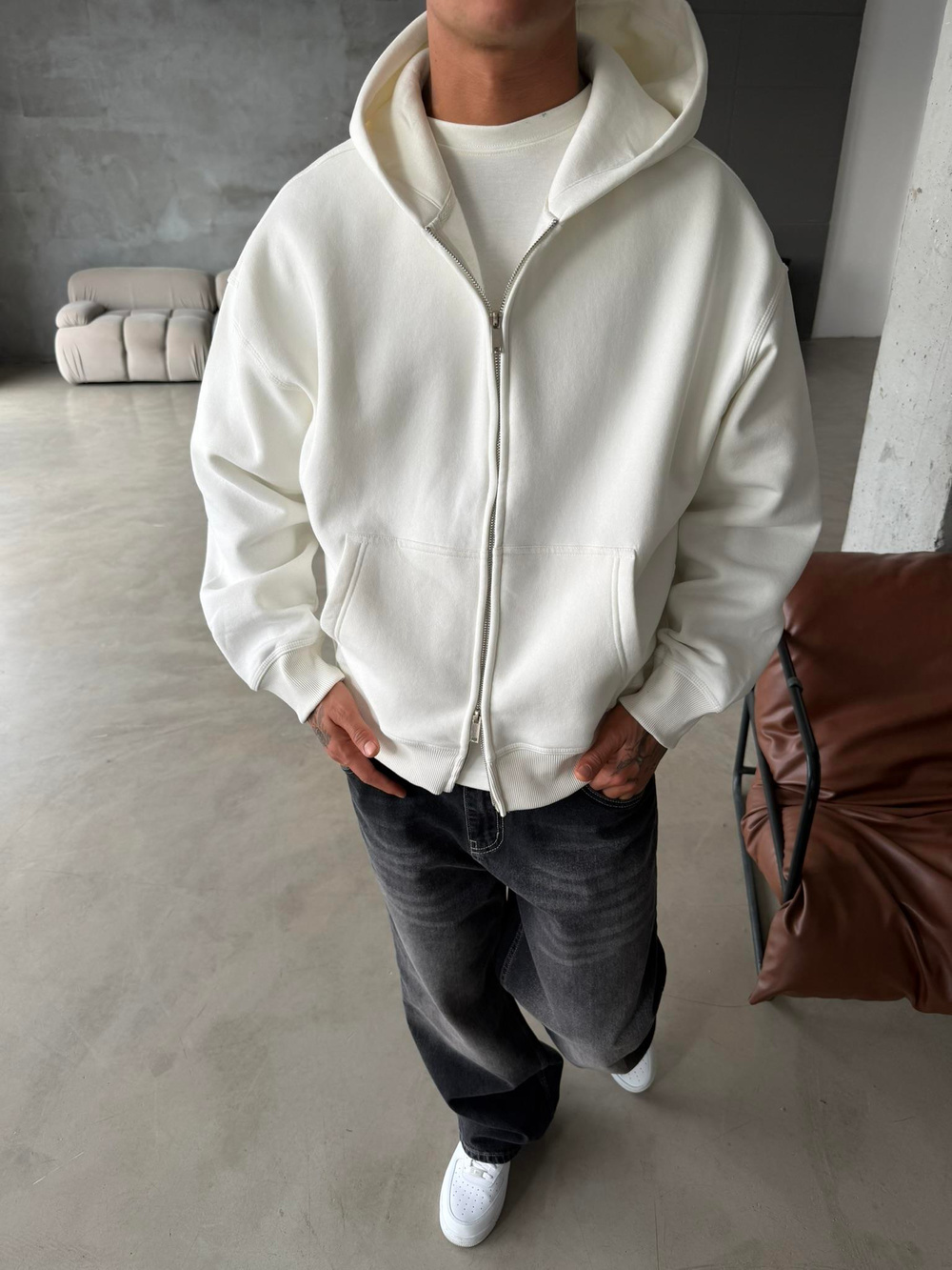 Premium Cift Fermuar Zip Hırka -  Beyaz