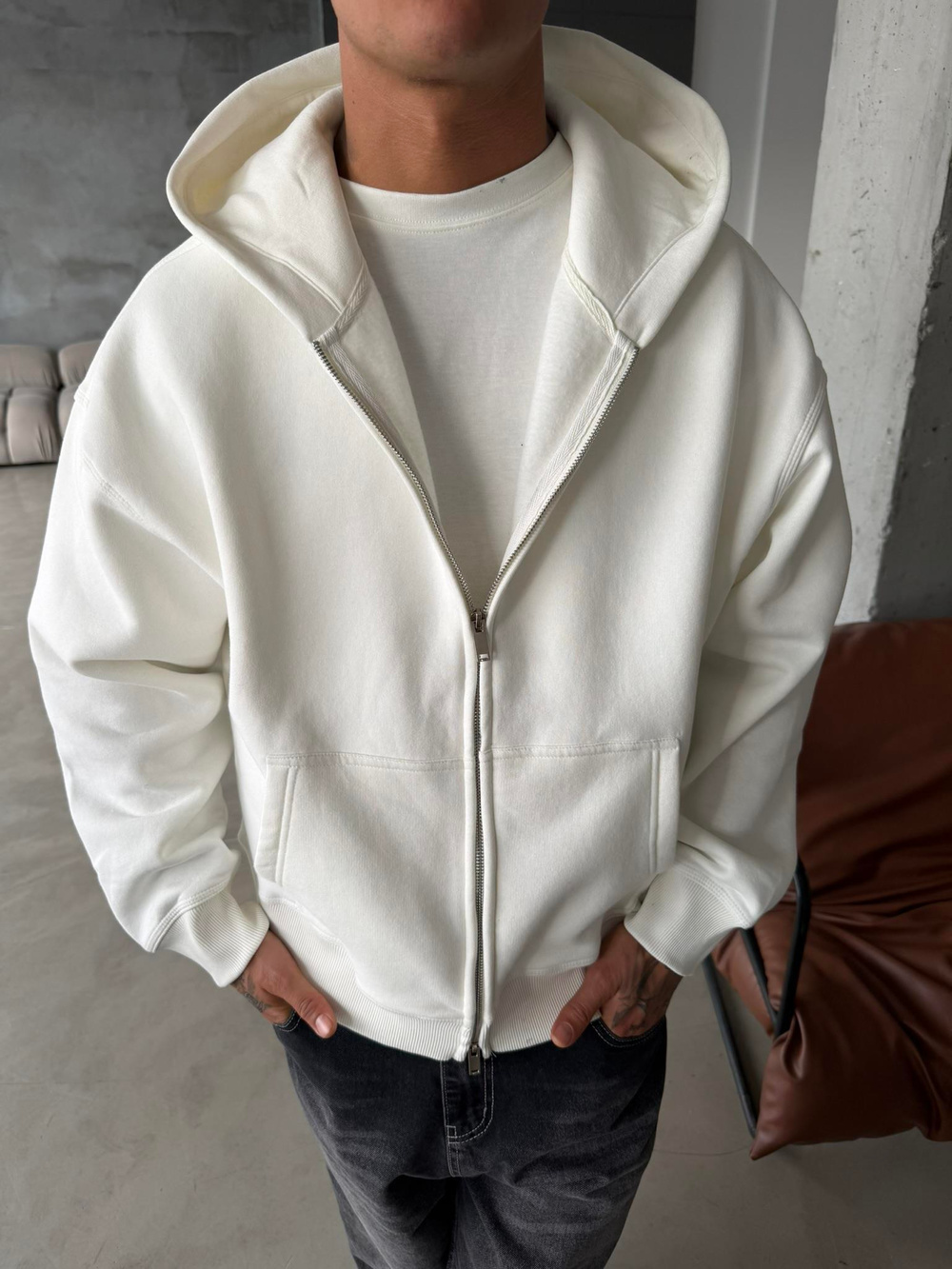 Premium Cift Fermuar Zip Hırka -  Beyaz