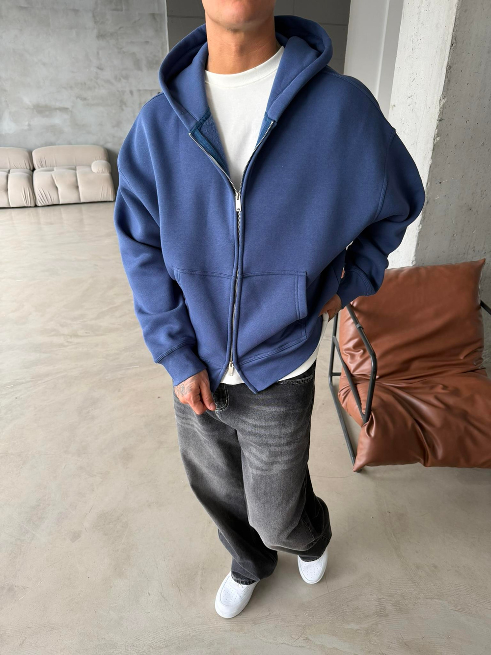 Premium Cift Fermuar Zip Hırka -  İndigo