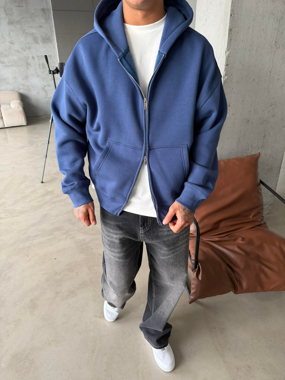 Premium Cift Fermuar Zip Hırka -  İndigo
