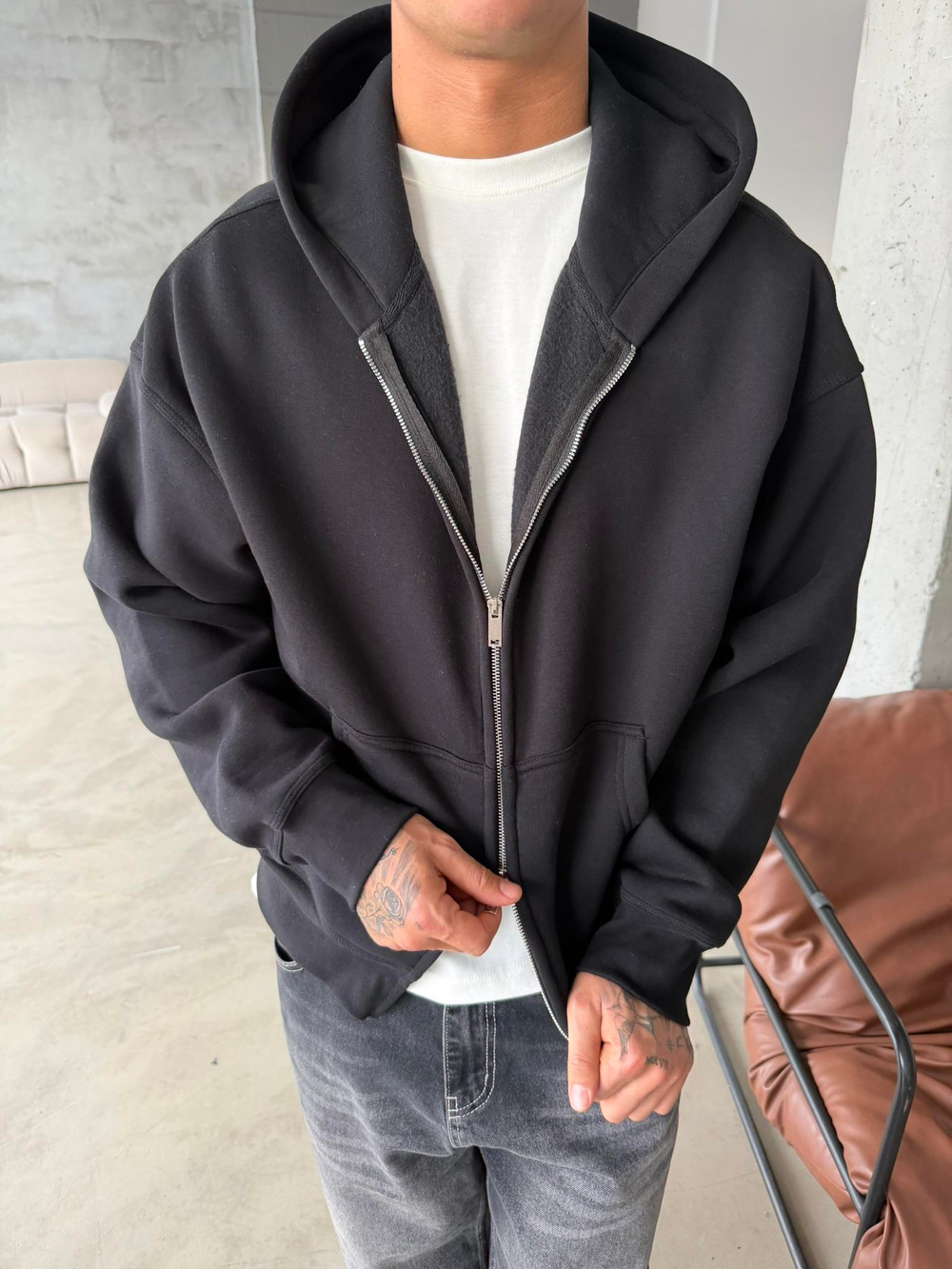 Premium Cift Fermuar Zip Hırka -  Siyah