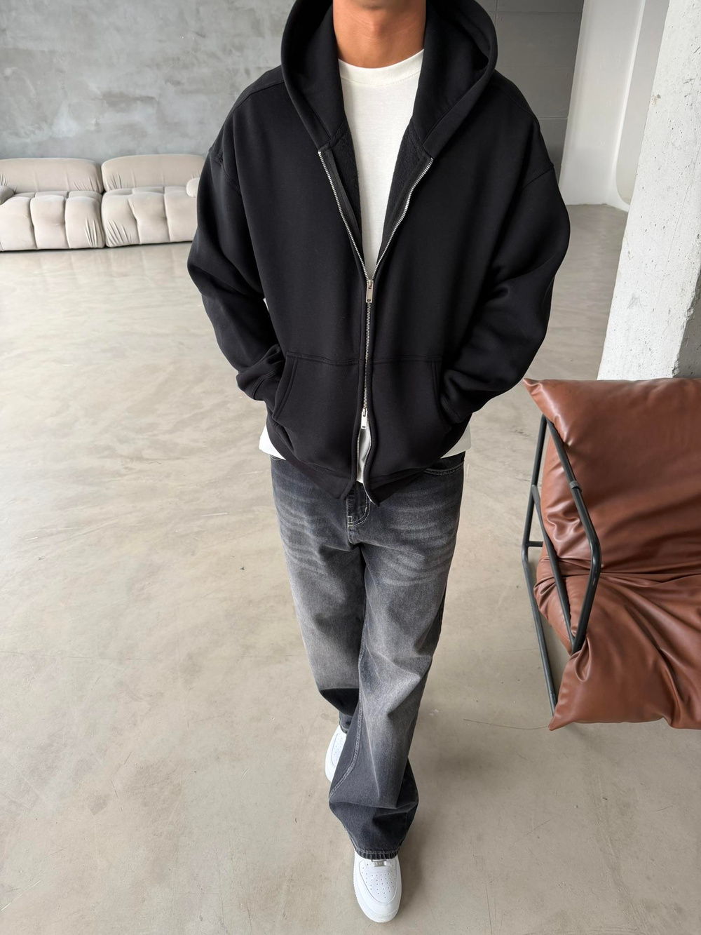 Premium Cift Fermuar Zip Hırka -  Siyah