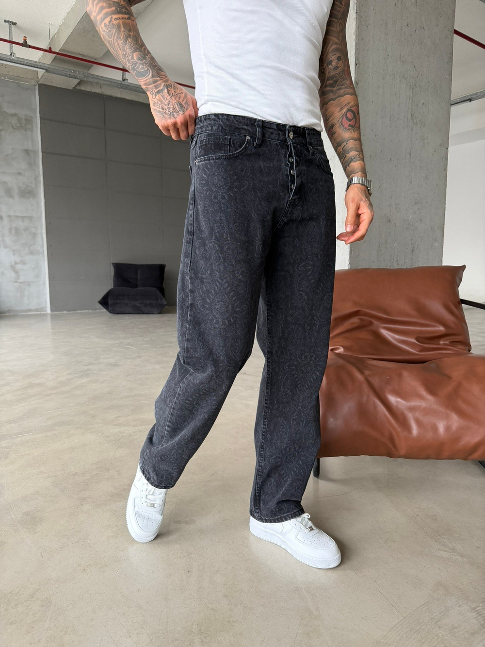 Premium Desenli Baggy Pantolon - Antrasit