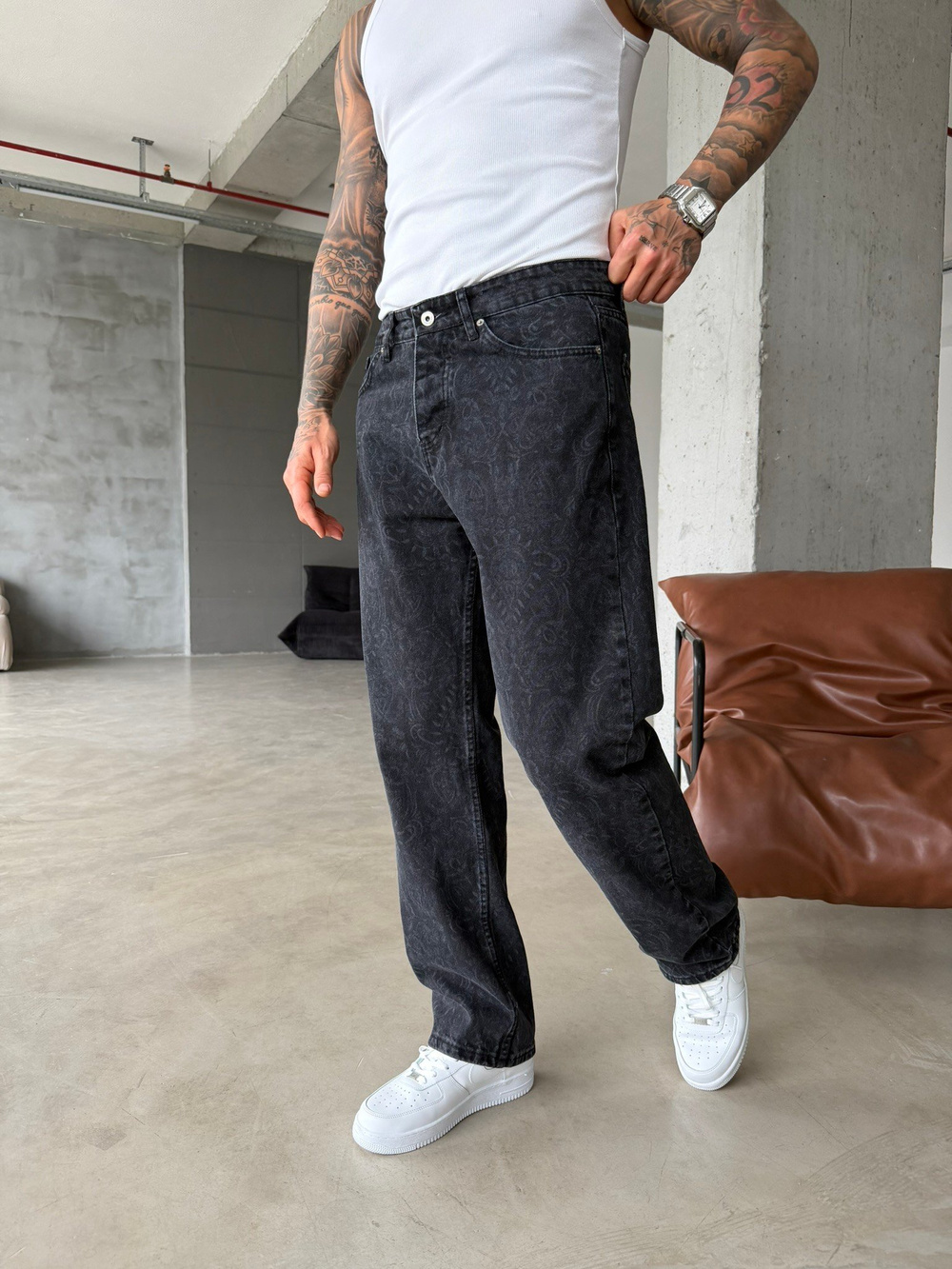 Premium Desenli Baggy Pantolon - Antrasit