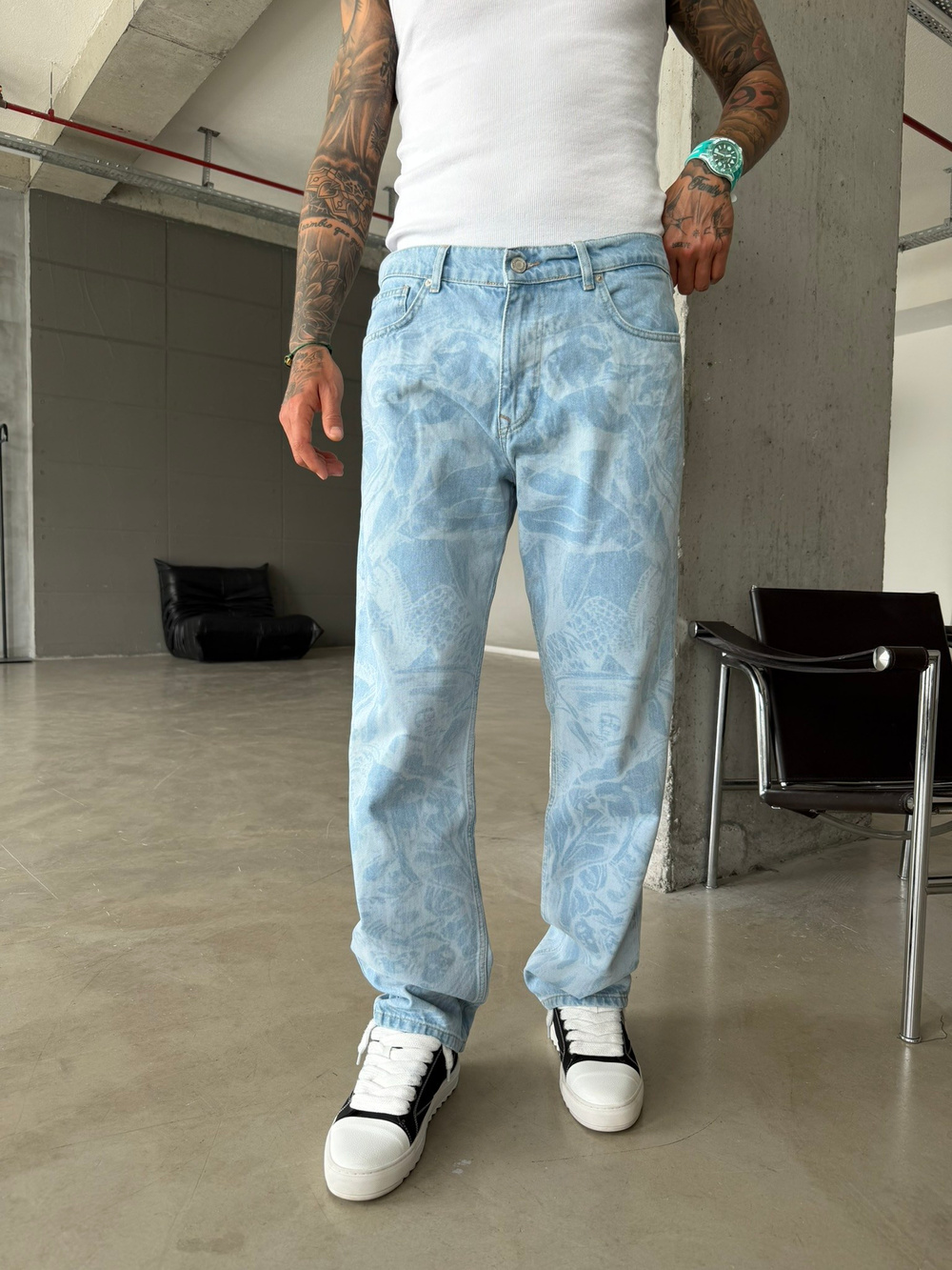 Premium Desenli Baggy Pantolon - Mavi