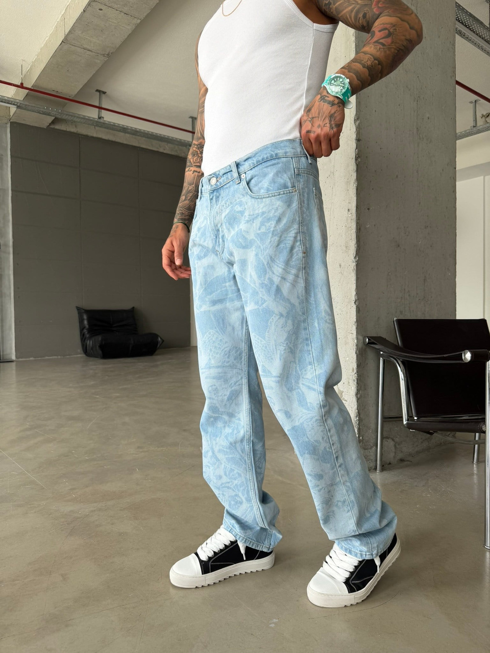 Premium Desenli Baggy Pantolon - Mavi