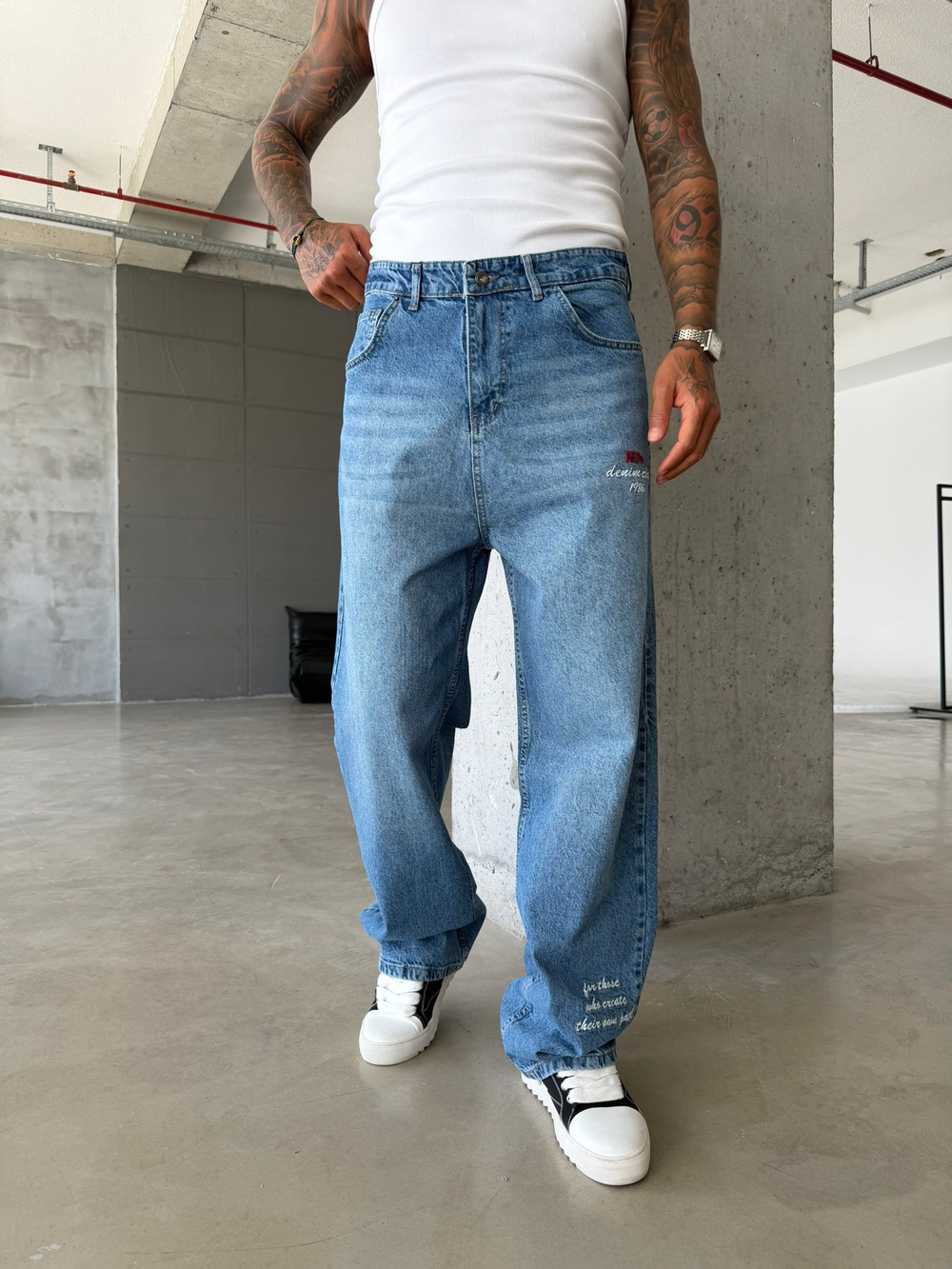 Premium Detaylı Nakış İşlemeli Baggy Pantolon - İndigo