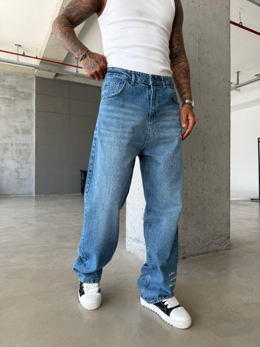 Premium Detaylı Nakış İşlemeli Baggy Pantolon - İndigo