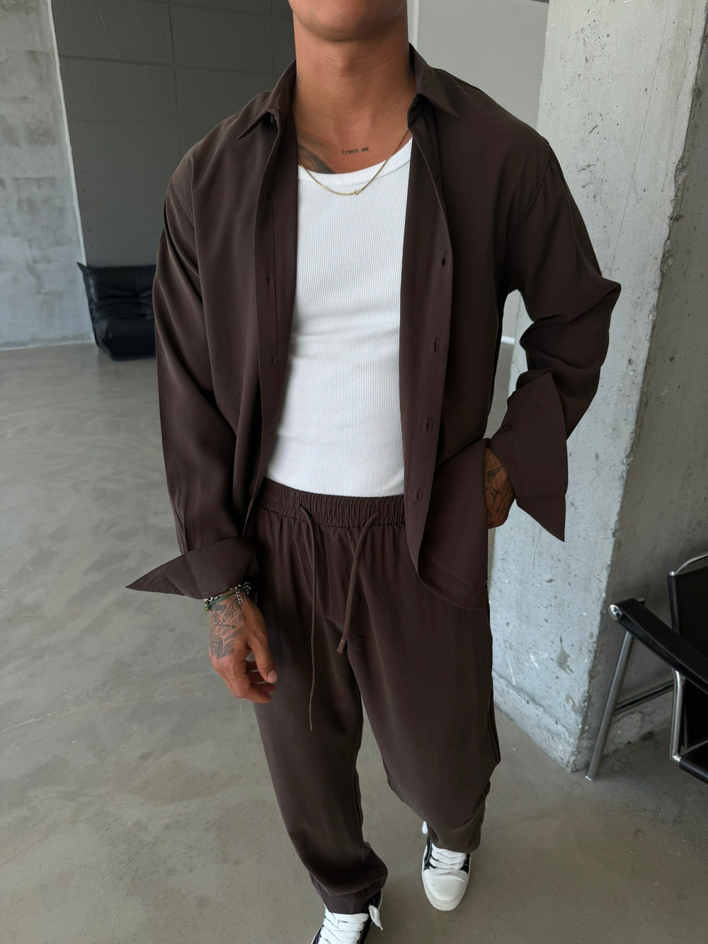 Premium Modal Kumaş Gömlek Pantolon Takım - Kahve