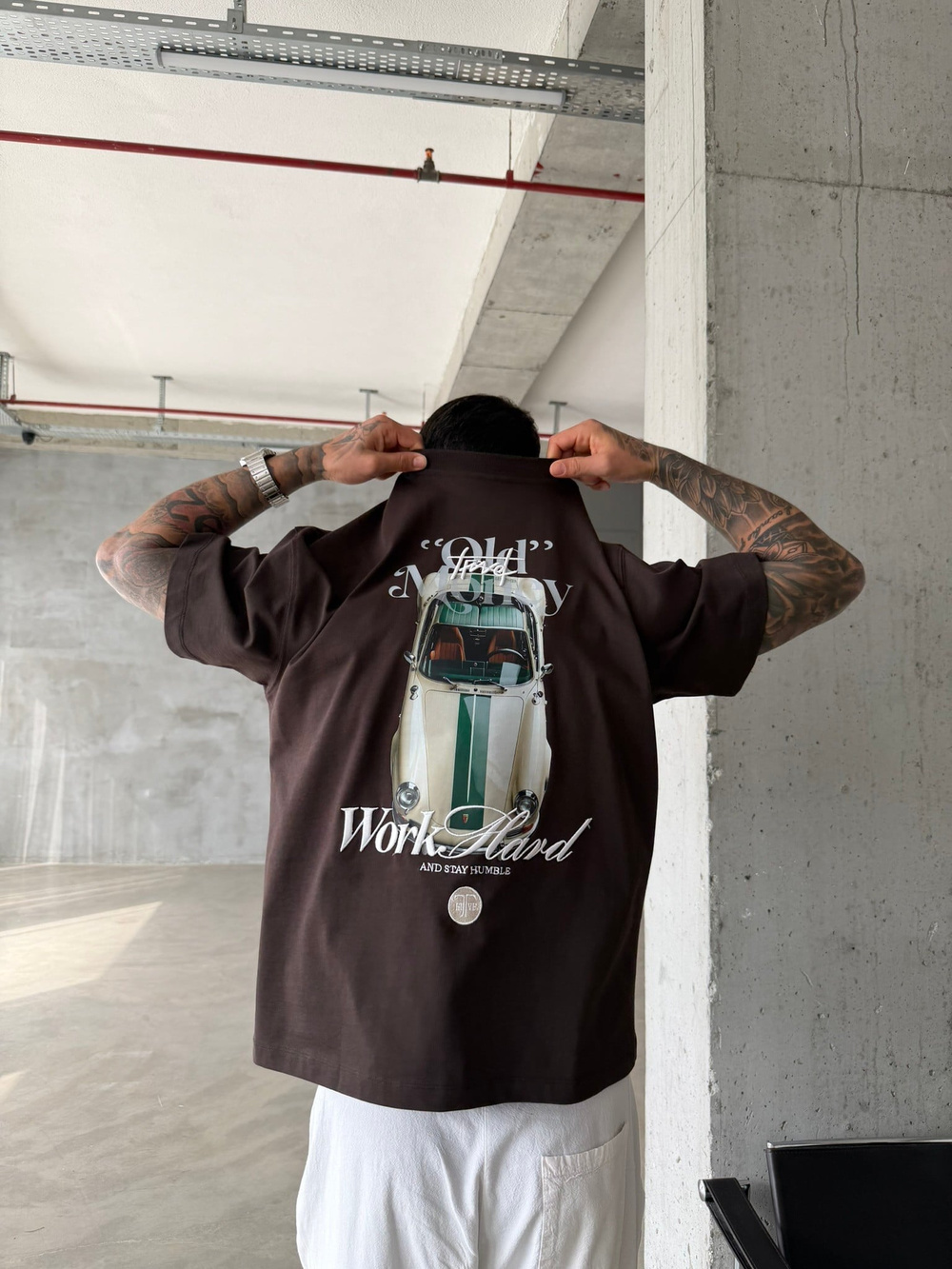 Premium Old Money Work Hard Nakışlı T-Shirt - Kahve
