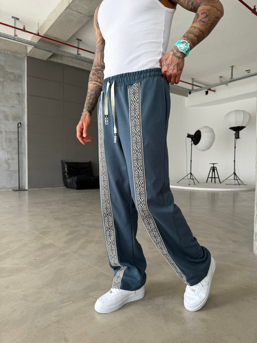 Premium Ön Şerit Detaylı Baggy Eşofman - İndigo