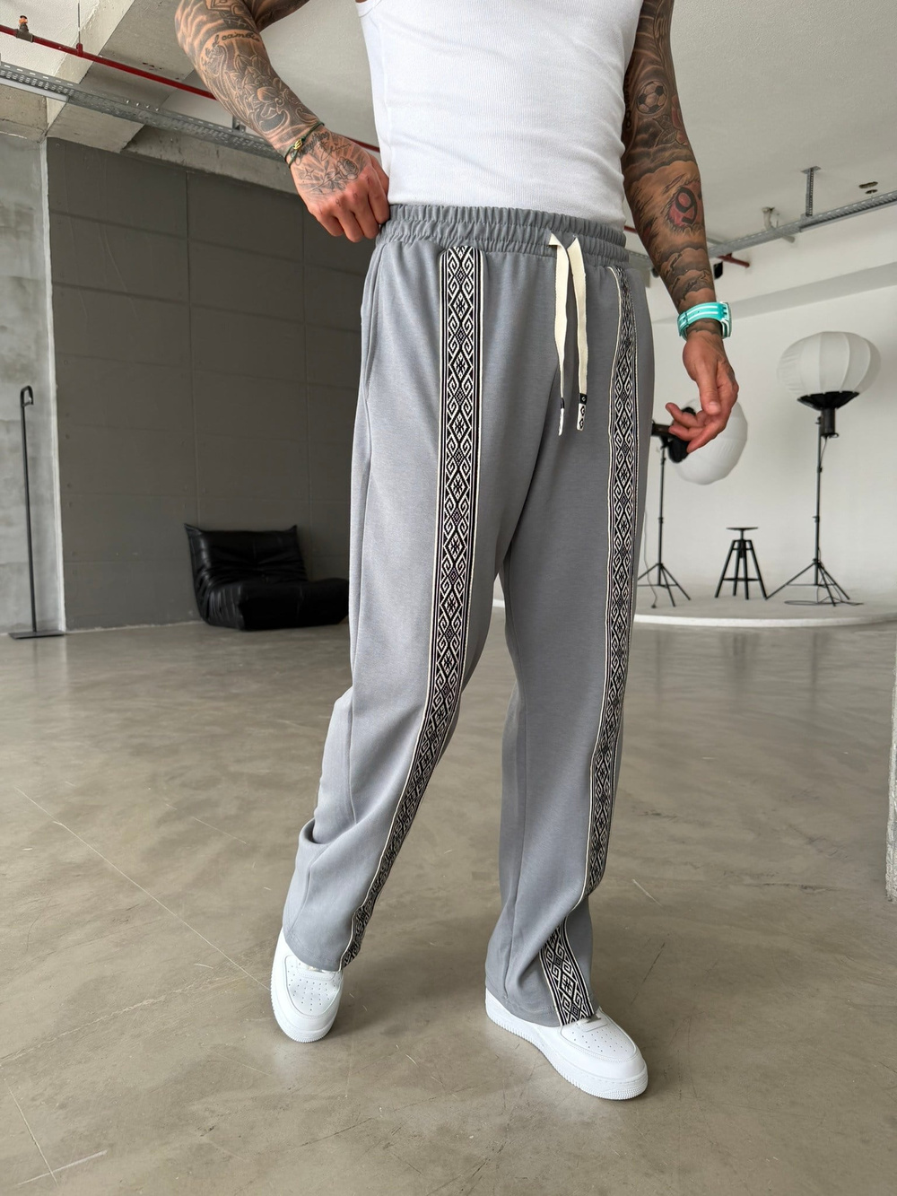 Premium Ön Şerit Detaylı Baggy Eşofman - Füme