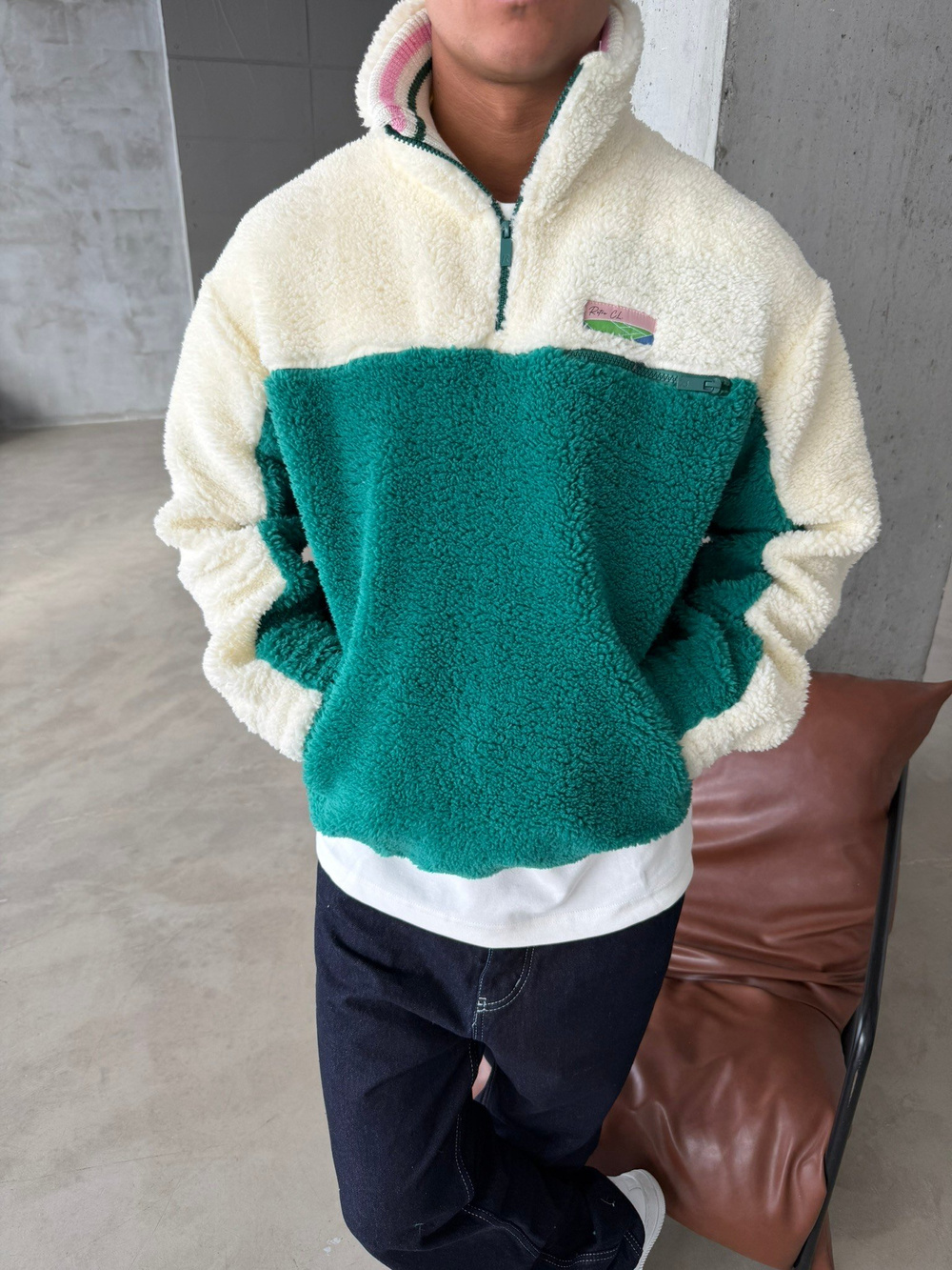 Premium Retro Peluş  Zip Sweat - Yeşil