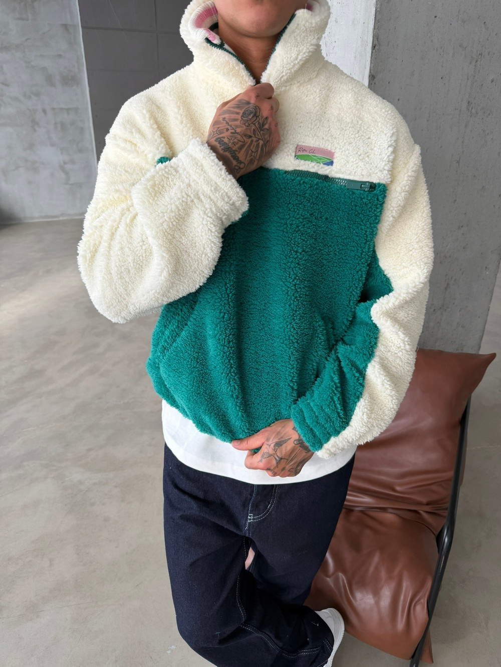 Premium Retro Peluş  Zip Sweat - Yeşil