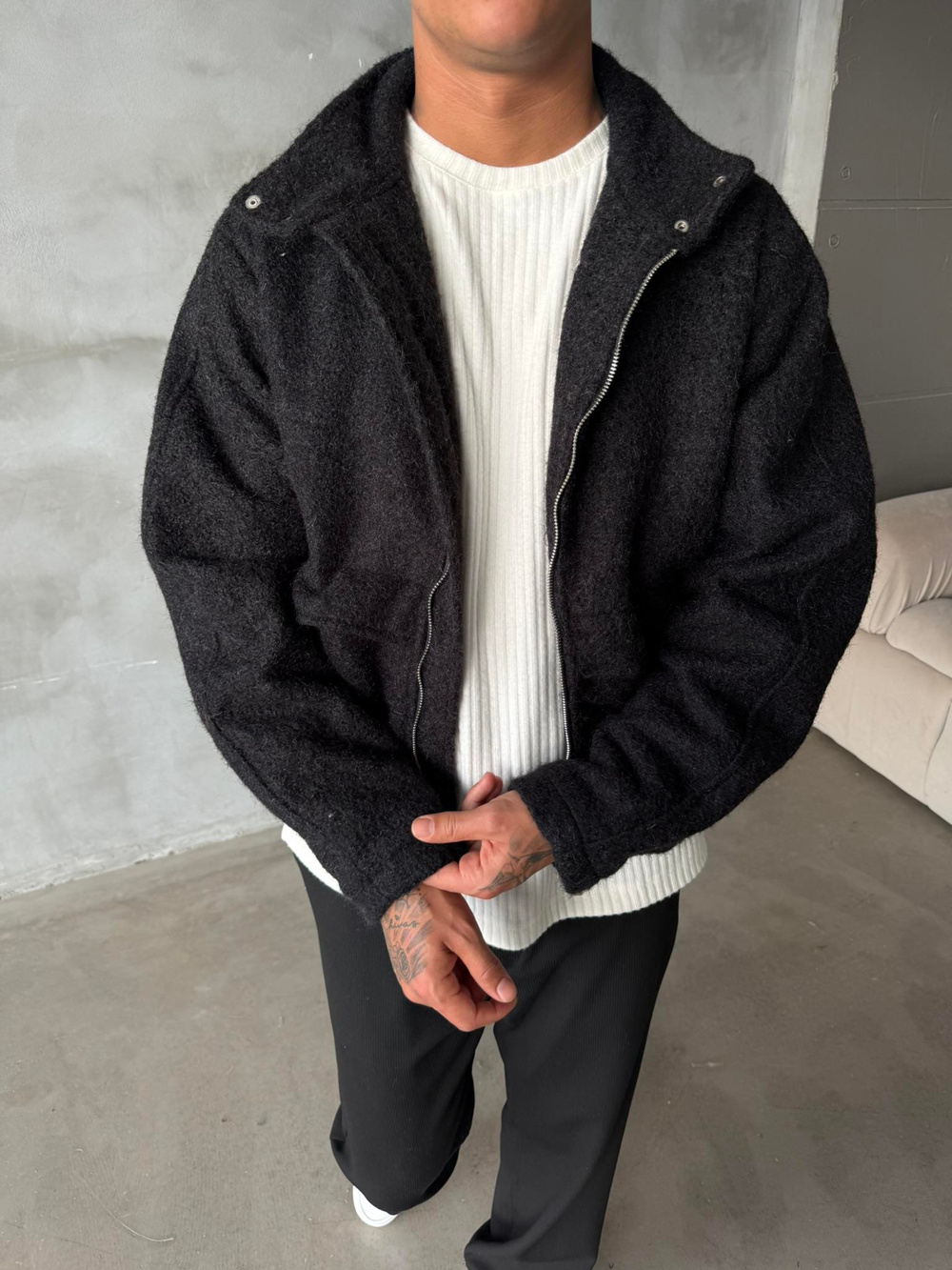 Premium Tüylü Kaşe Ceket - Siyah