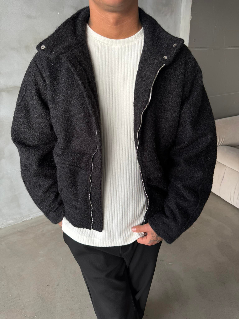 Premium Tüylü Kaşe Ceket - Siyah