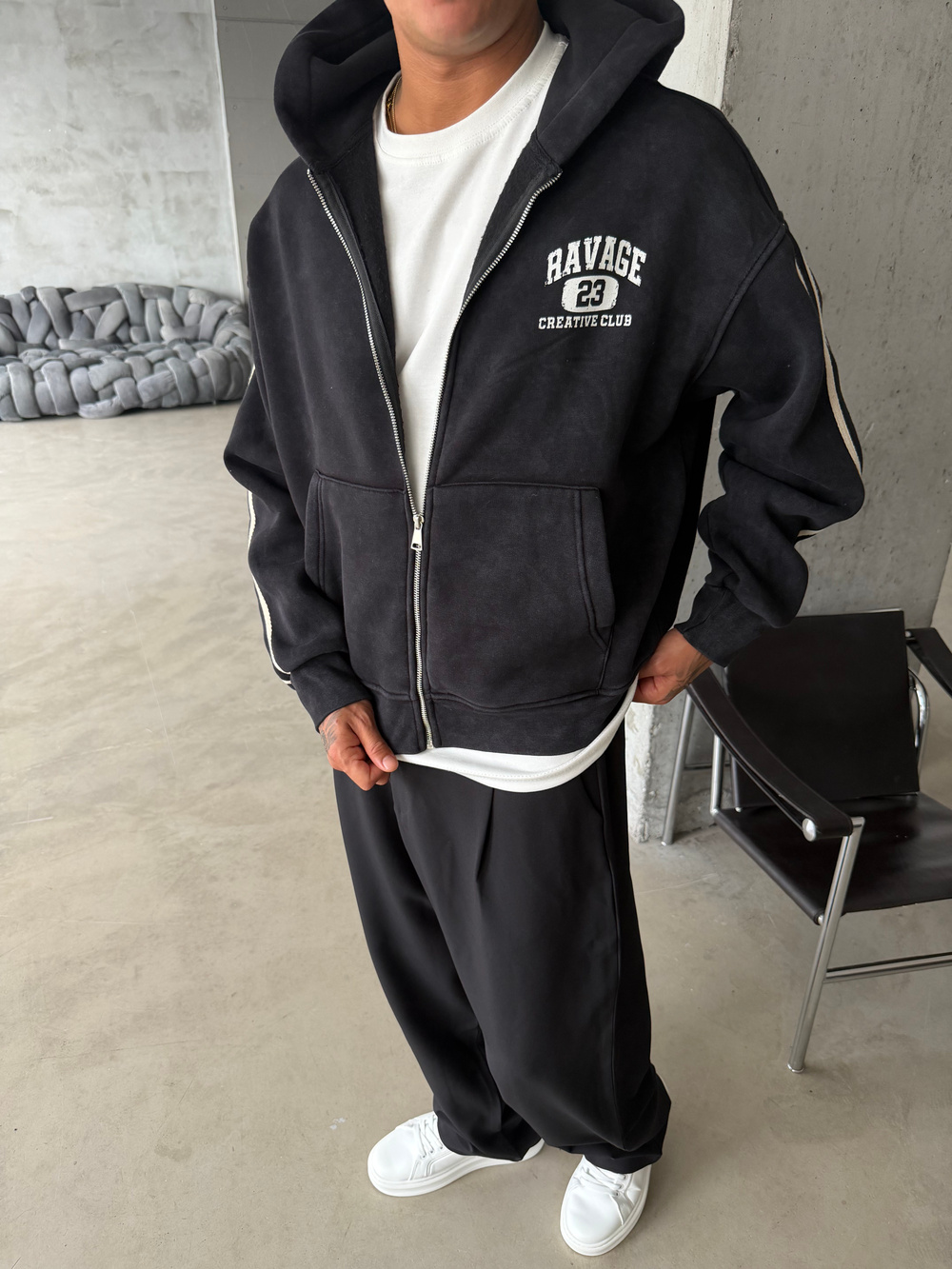 Raver College Şerit Detaylı Fermuarlı Hoodie