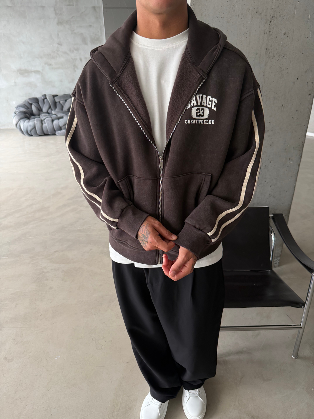 Raver College Şerit Detaylı Fermuarlı Hoodie