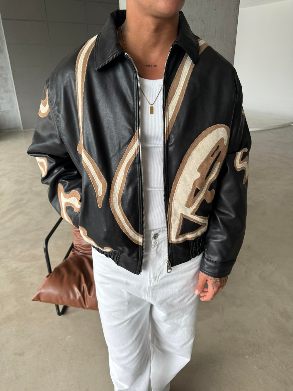 Relax Fit Capitone Deri Ceket - Siyah