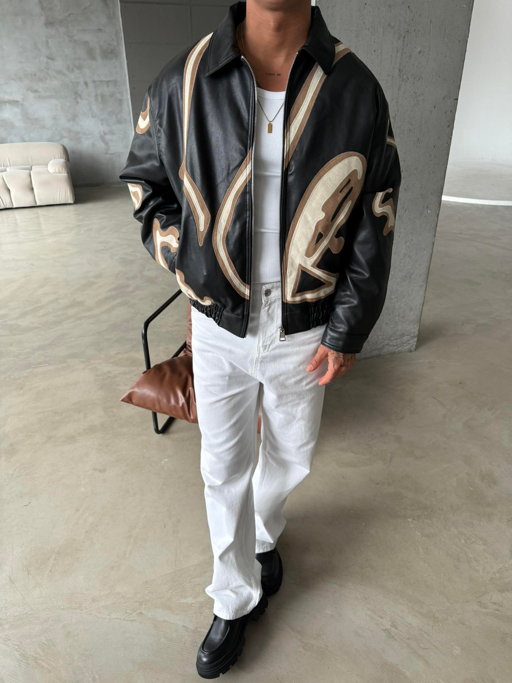 Relax Fit Capitone Deri Ceket - Siyah