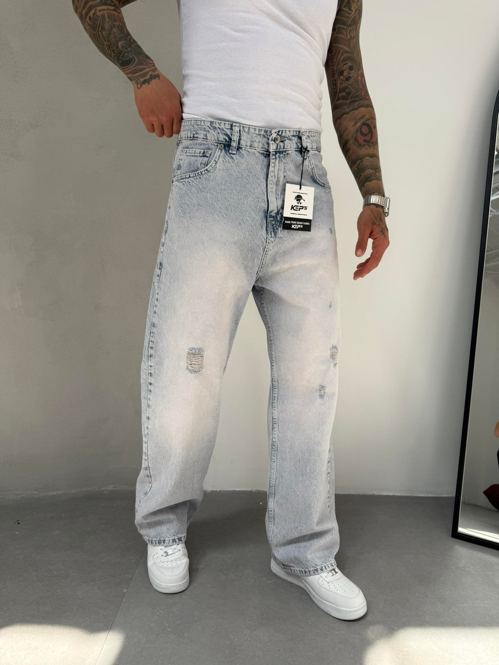 Relax Fit Yırtık Detaylı Baggy Pantolon - Buz Mavi