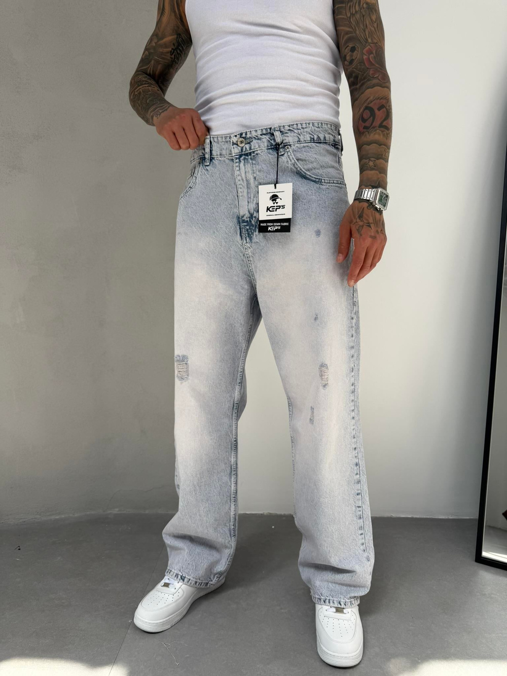 Relax Fit Yırtık Detaylı Baggy Pantolon - Buz Mavi