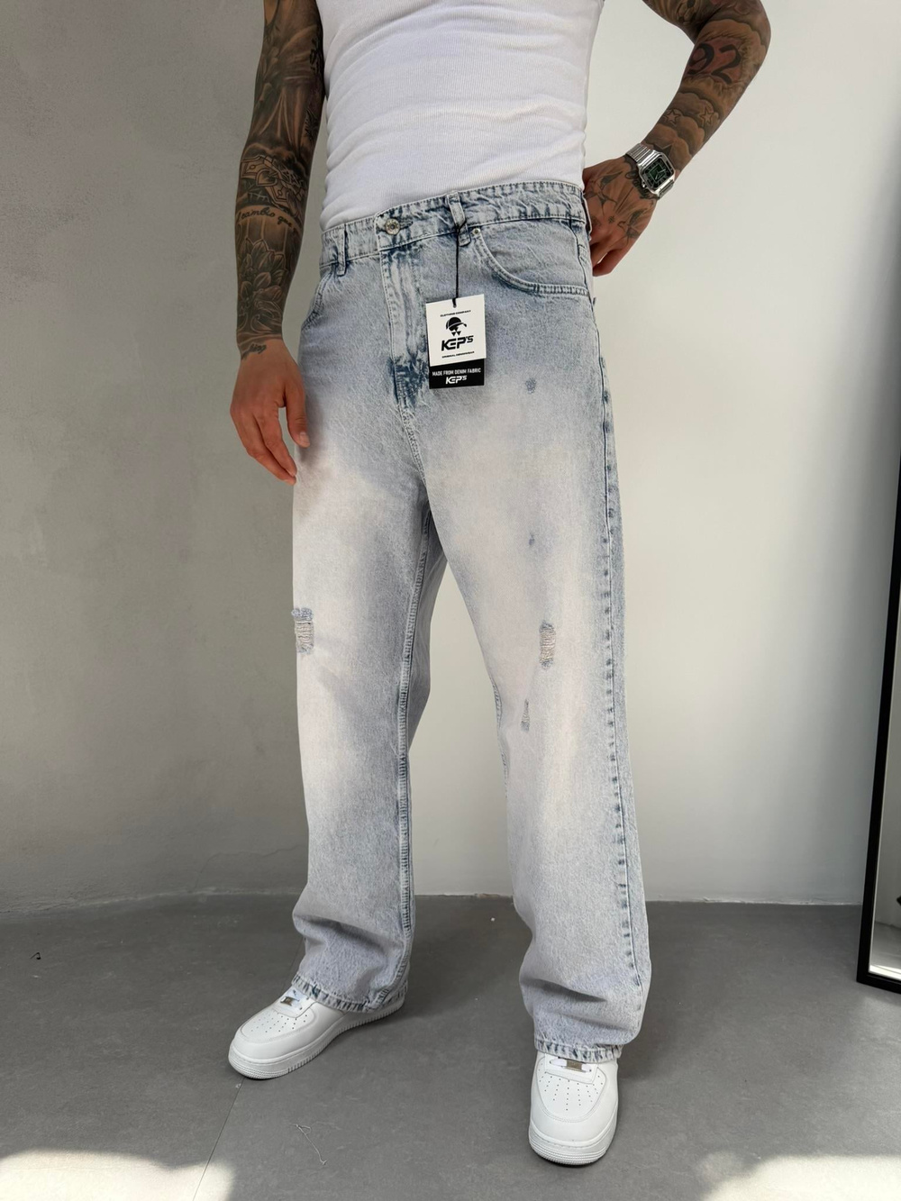 Relax Fit Yırtık Detaylı Baggy Pantolon - Buz Mavi
