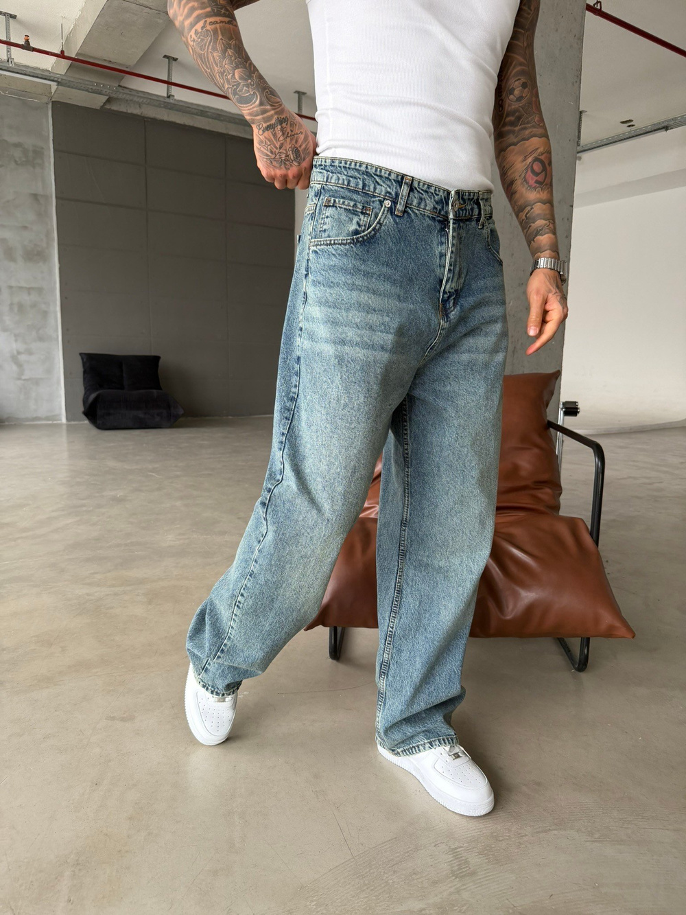 Relax Yıkamalı Eskitme Baggy Pantolon - İndigo