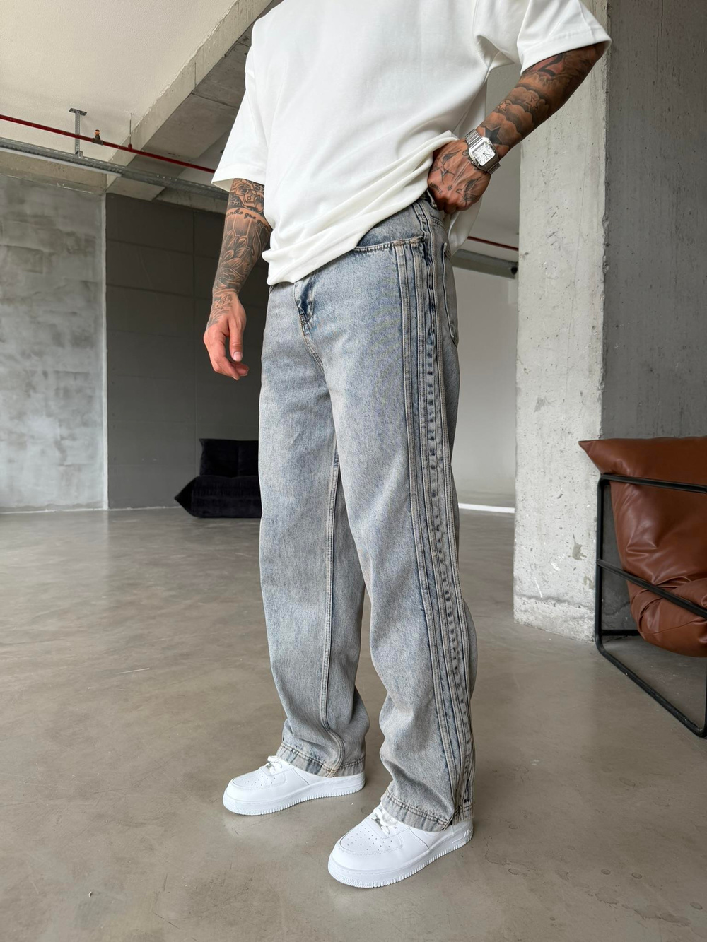 Şeritli Premium Baggy Pantolon - İndigo