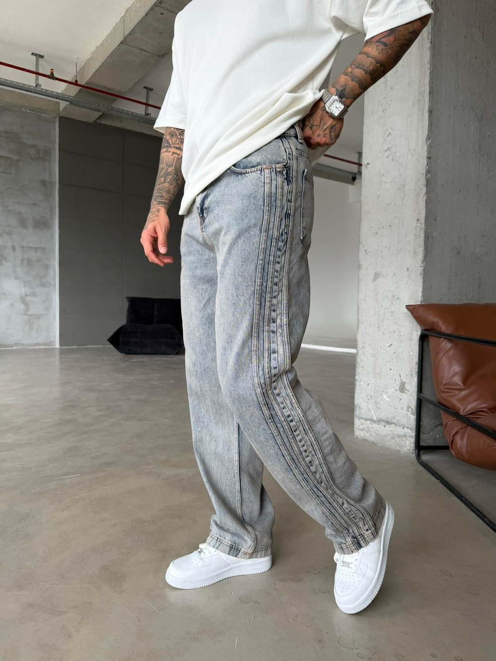 Şeritli Premium Baggy Pantolon - İndigo