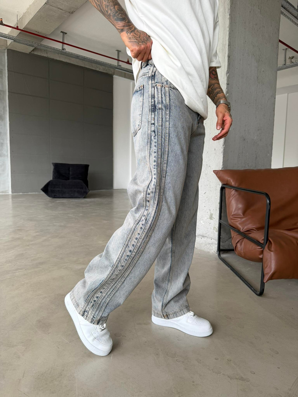 Şeritli Premium Baggy Pantolon - İndigo