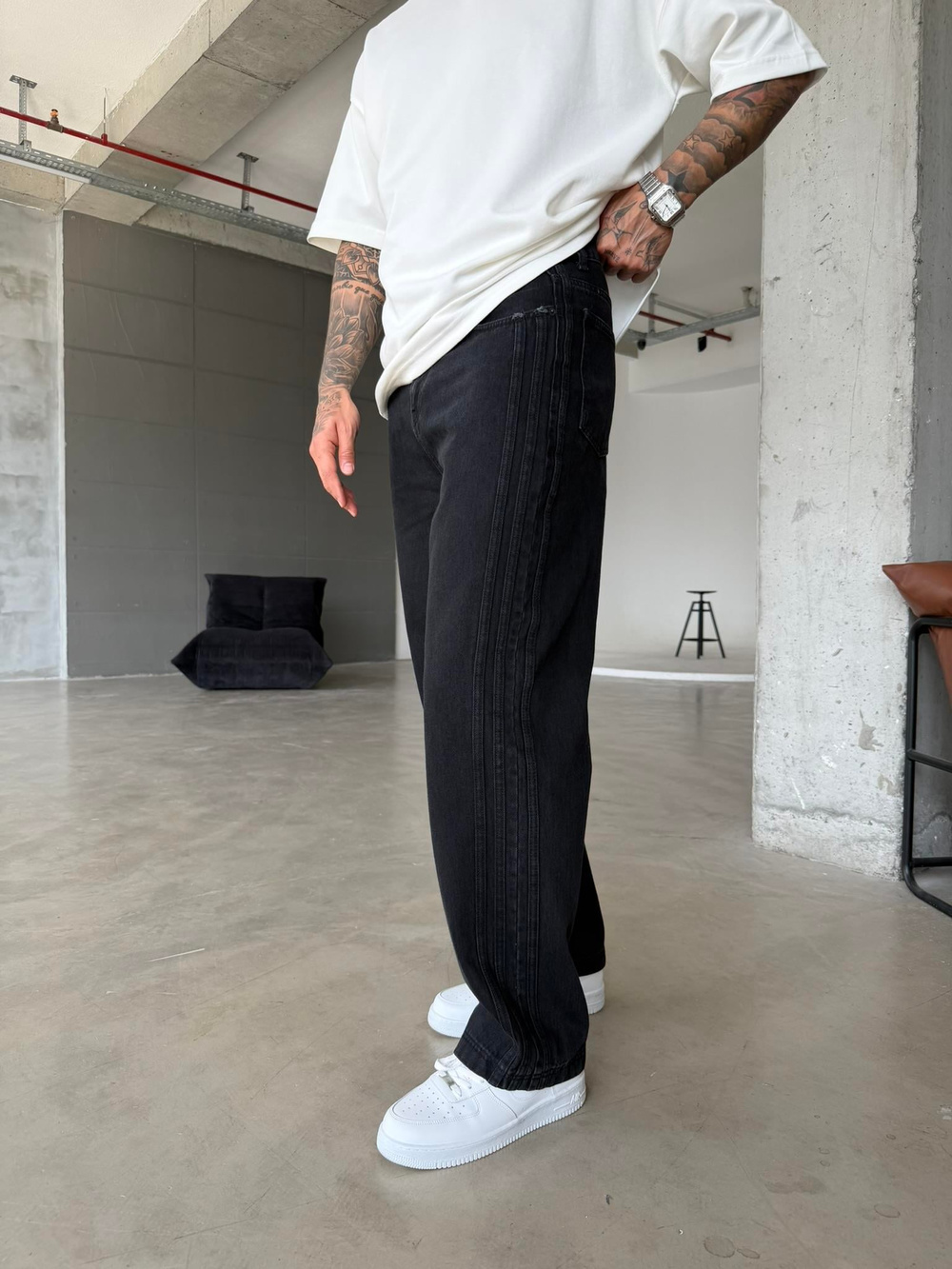 Şeritli Premium Baggy Pantolon - Siyah