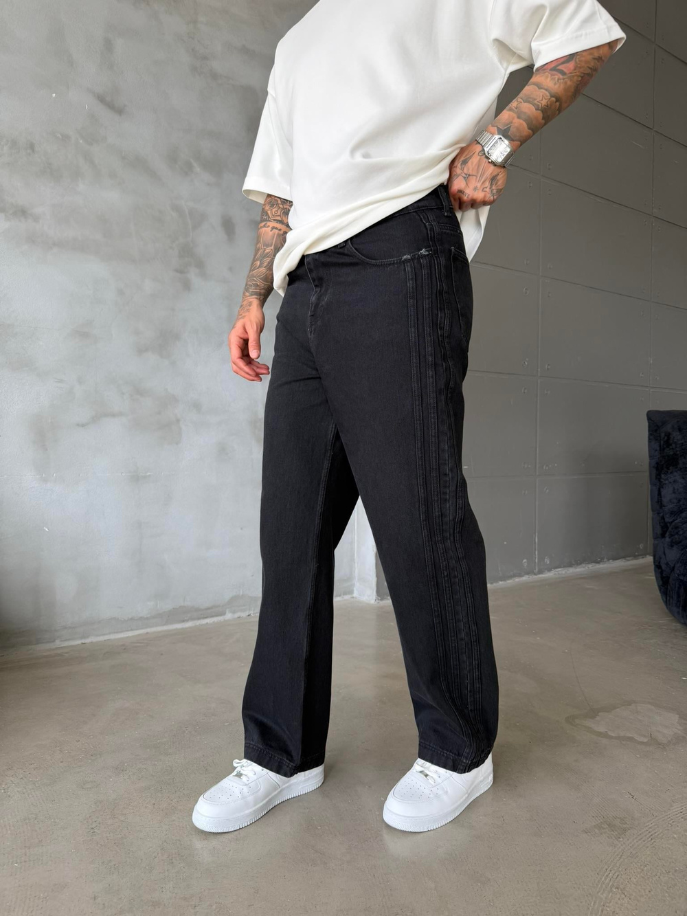 Şeritli Premium Baggy Pantolon - Siyah