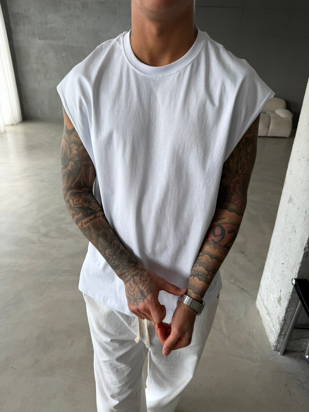 Sıfır Kol Basic Oversize T-Shirt - Beyaz