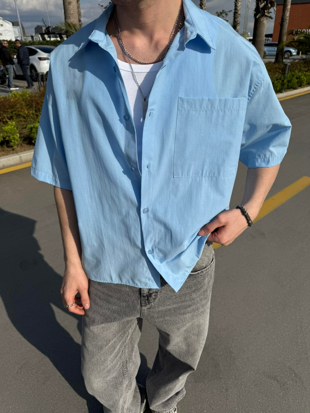 Sırt Yazı Nakışlı Kısakol Gömlek - Mavi