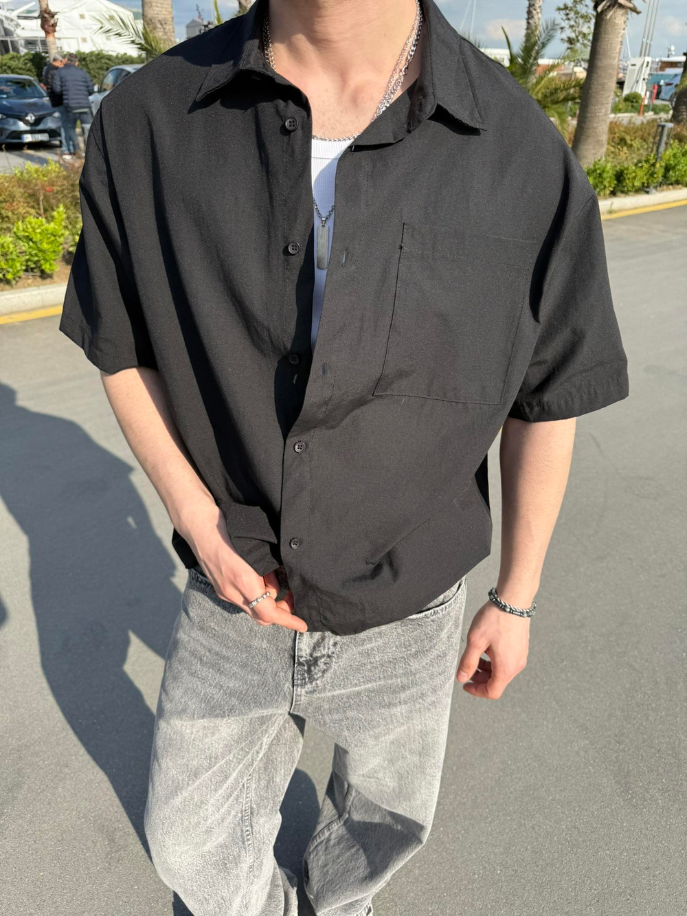 Sırt Yazı Nakışlı Kısakol Gömlek - Siyah