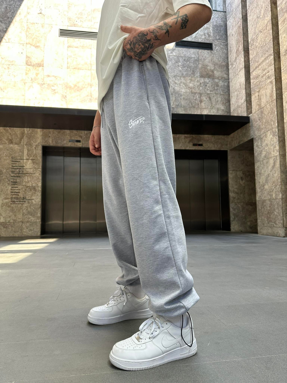 SW Nakışlı Baggy Stoper Paça Eşofman Altı - Gri