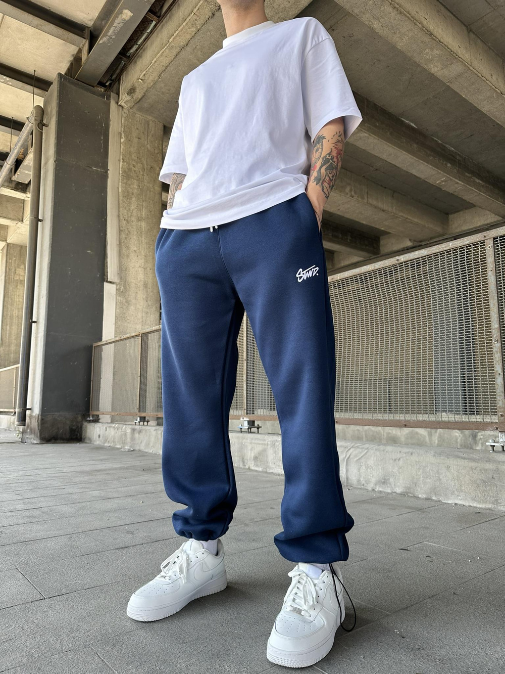 Stwd Nakışlı Stoper Paça Lastikli Eşofman Altı -İndigo Mavi