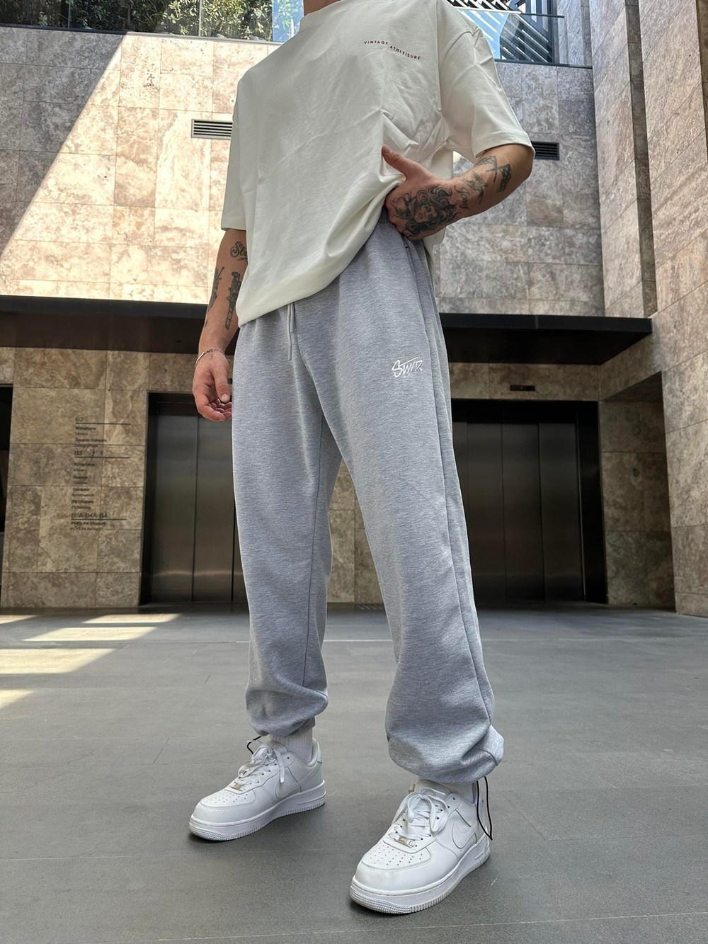 SW Nakışlı Baggy Stoper Paça Eşofman Altı - Gri