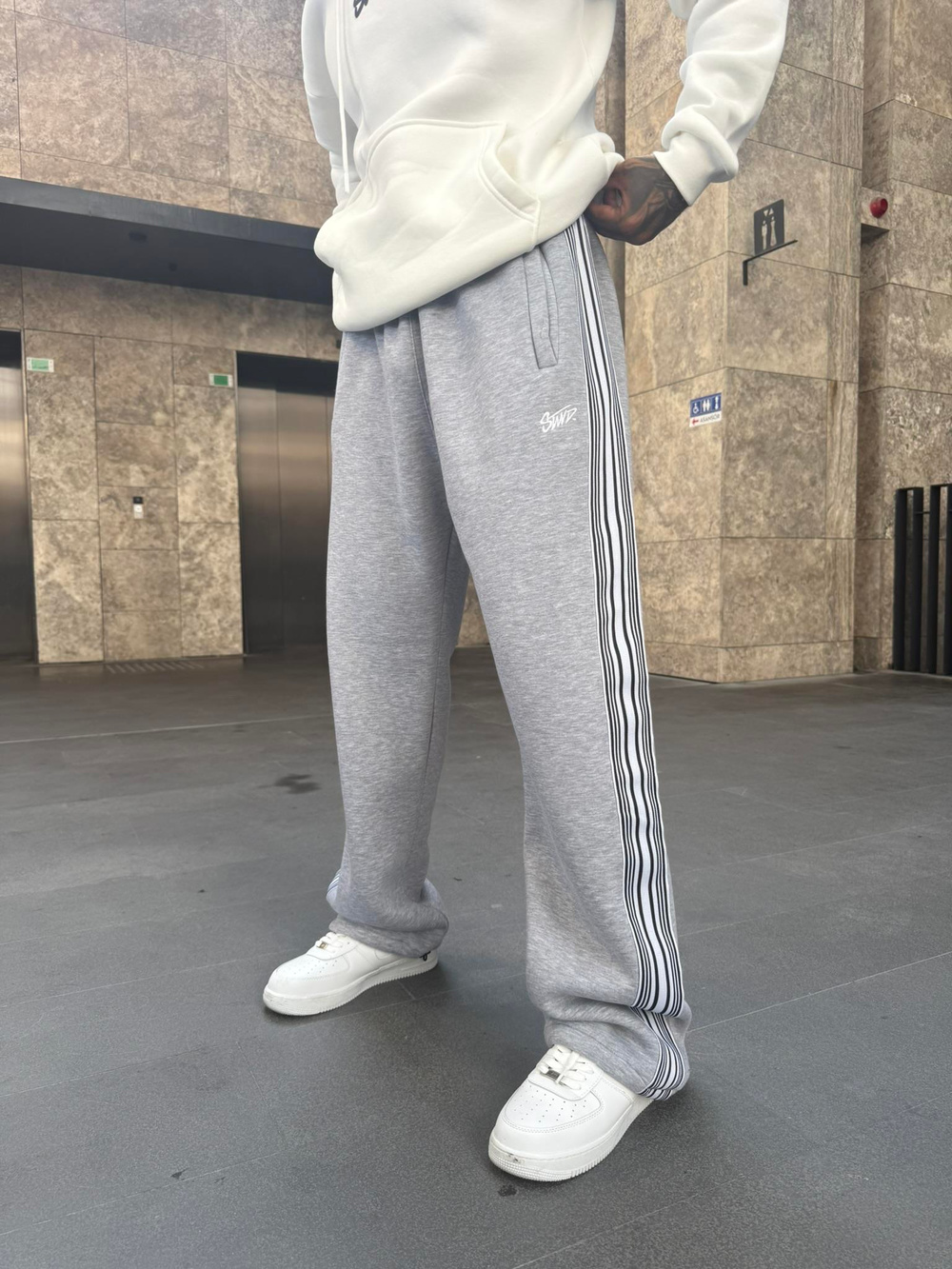 SW Cizgili Baggy Eşofman Altı - Gri