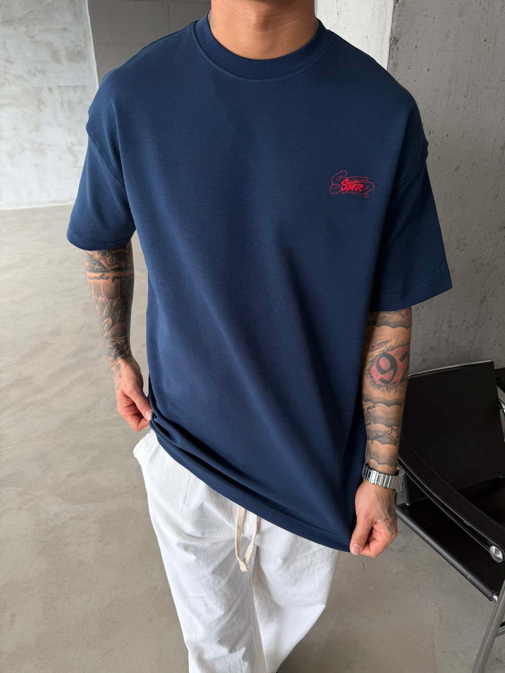 Sw Ön Cift Nakış Dessing T-Shirt - İndigo