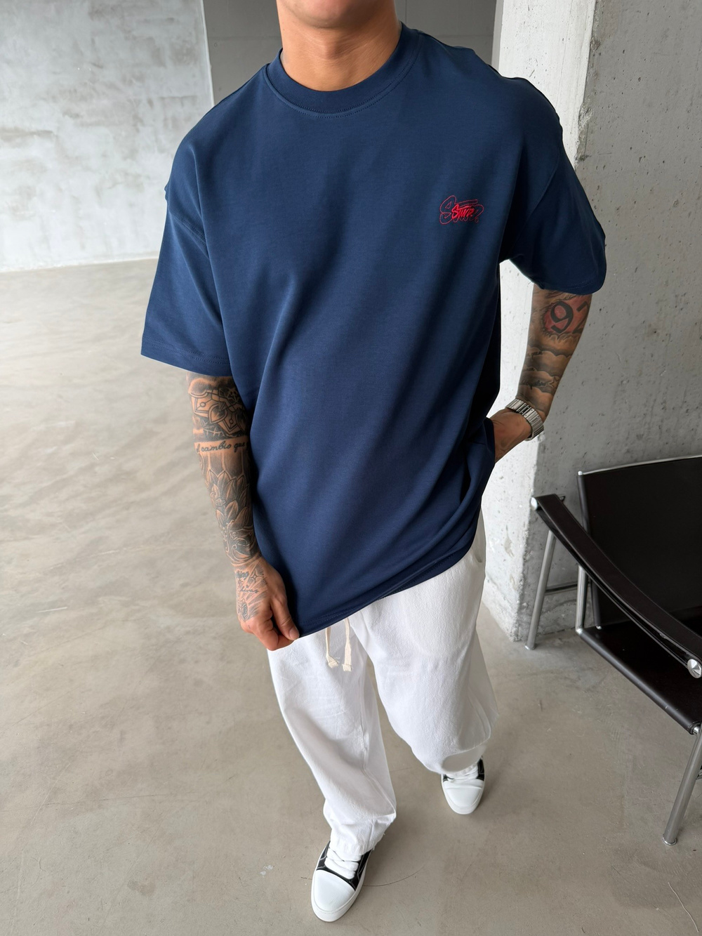 Sw Ön Cift Nakış Dessing T-Shirt - İndigo
