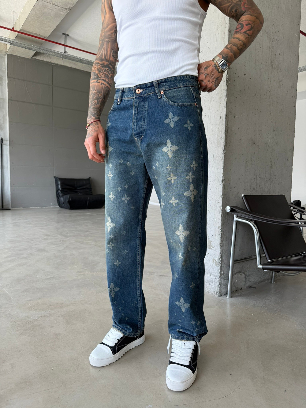 Tasarım Desenli Baggy Pantolon - Mavi