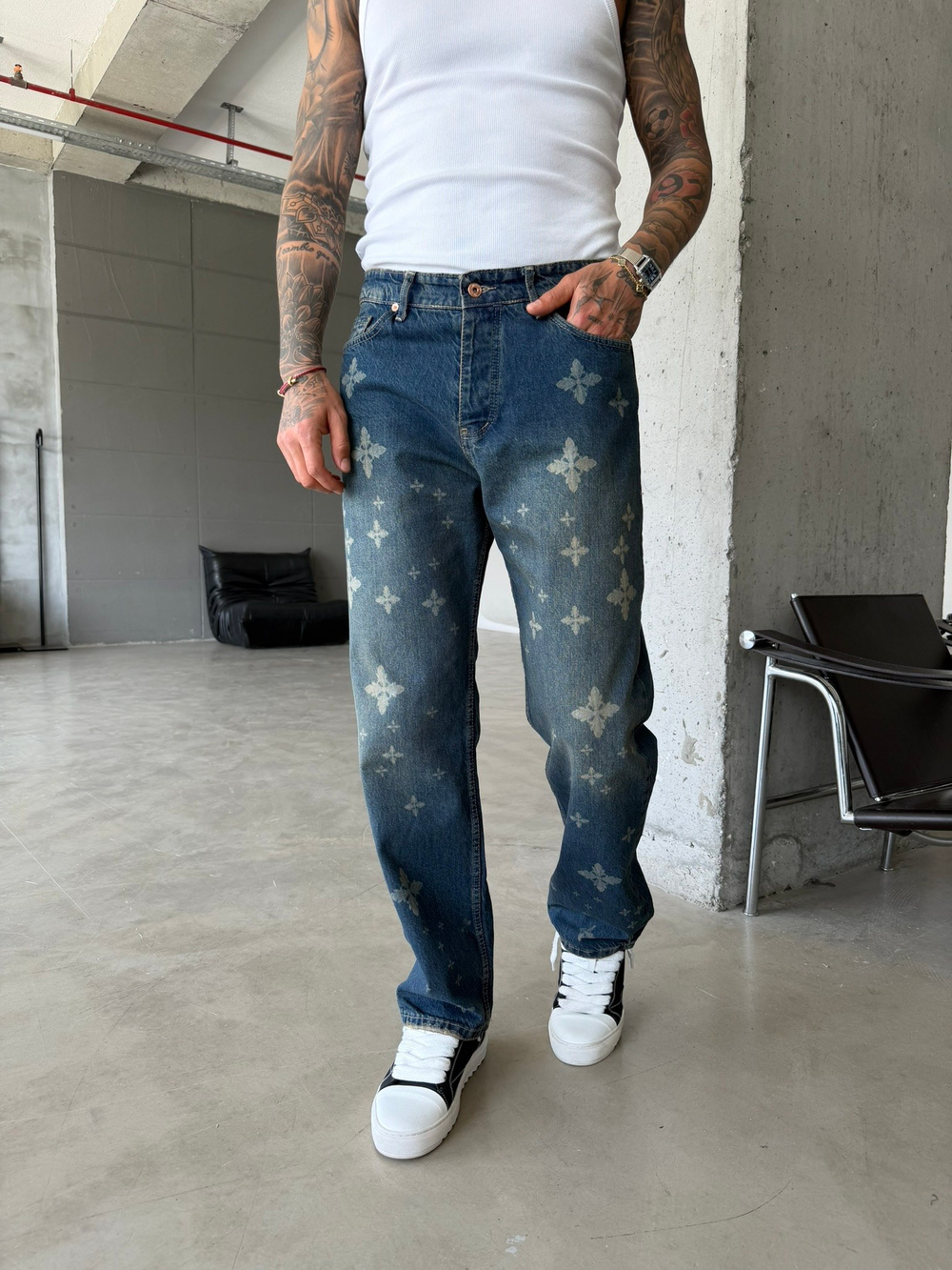 Tasarım Desenli Baggy Pantolon - Mavi