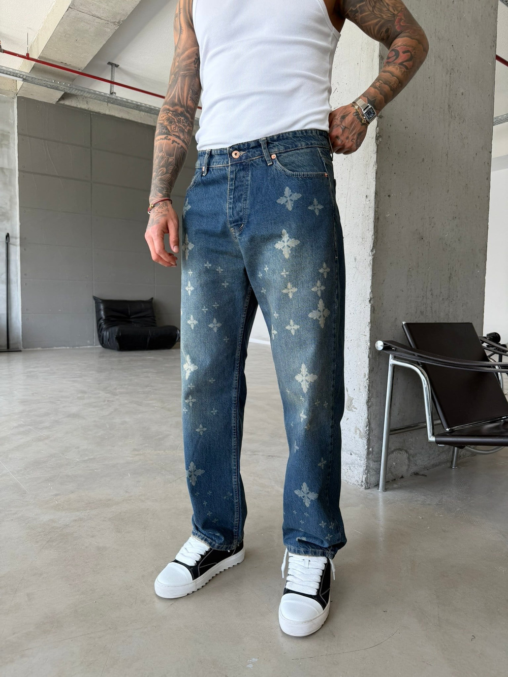 Tasarım Desenli Baggy Pantolon - Mavi