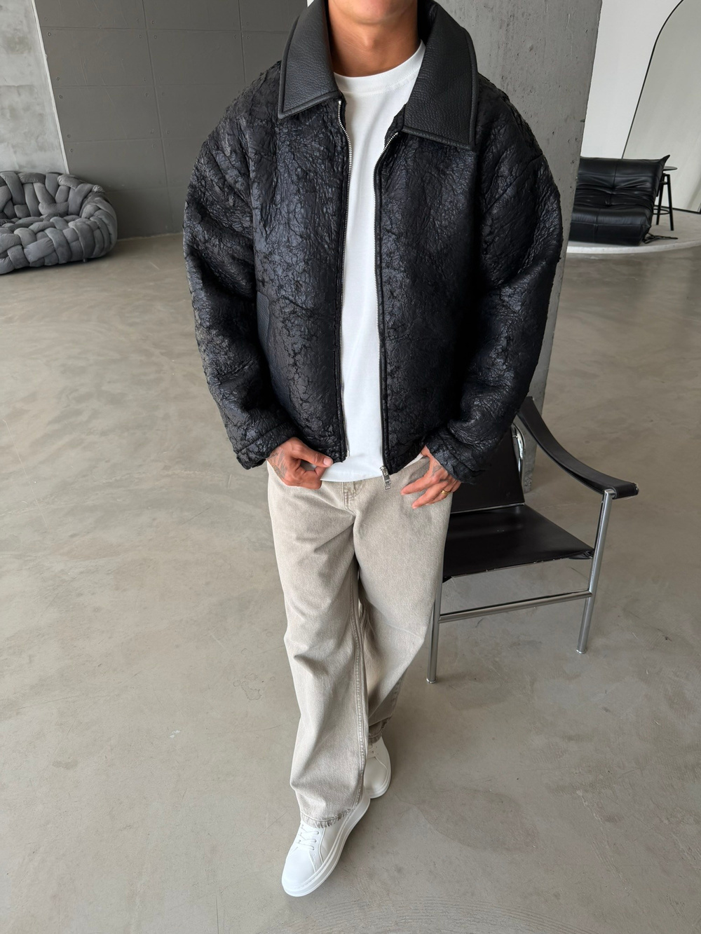Vintage Wash Deri Yaka Bomber Ceket