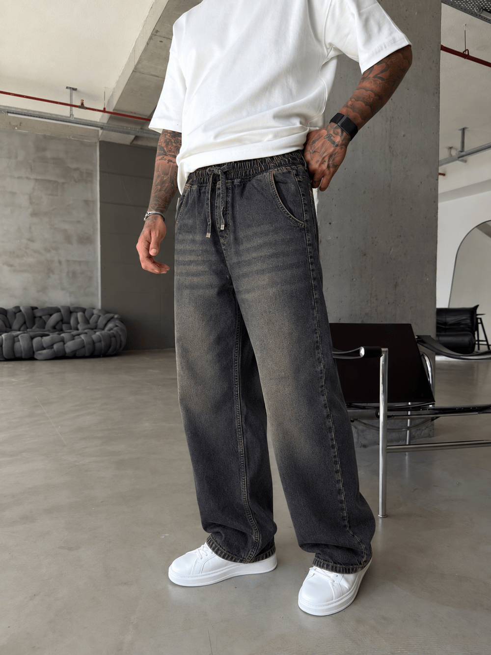 Washed Black Baggy Fit Denim Pantolon