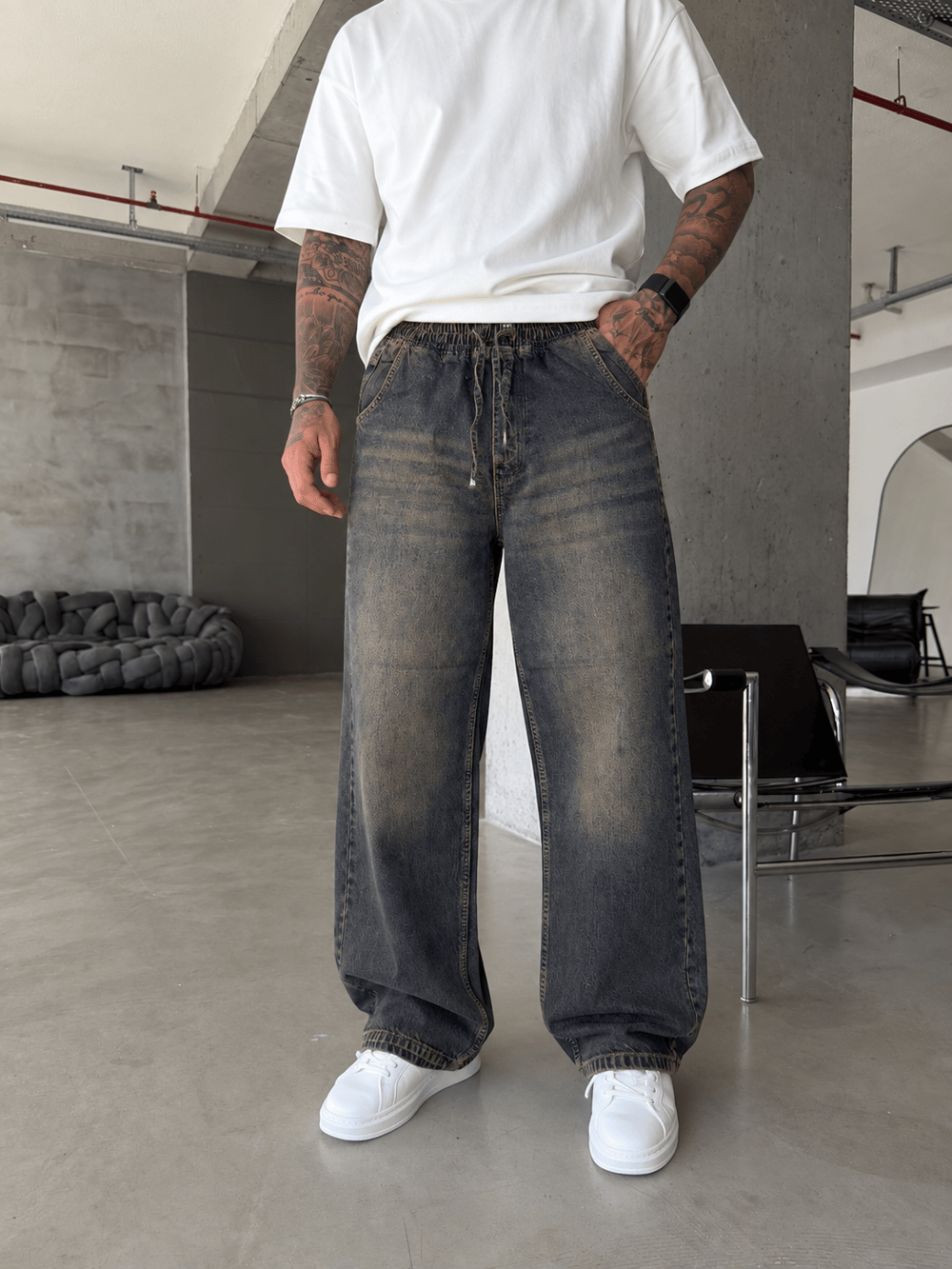 Washed Black Baggy Fit Denim Pantolon