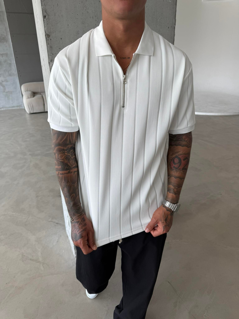 Yarım Fermuar Fitilli Regular Fit  Polo Yaka T-Shirt -Beyaz