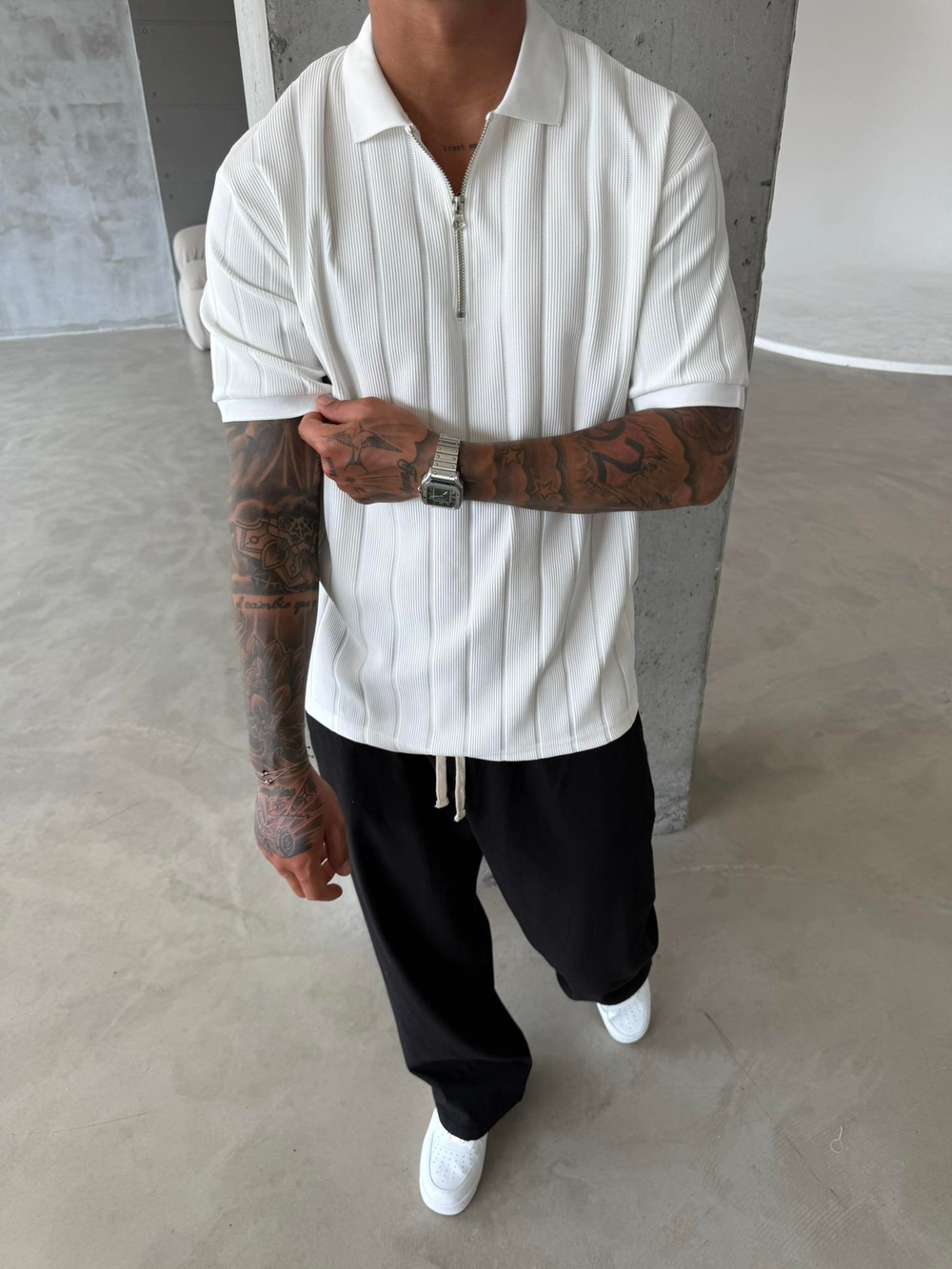 Yarım Fermuar Fitilli Regular Fit  Polo Yaka T-Shirt -Beyaz